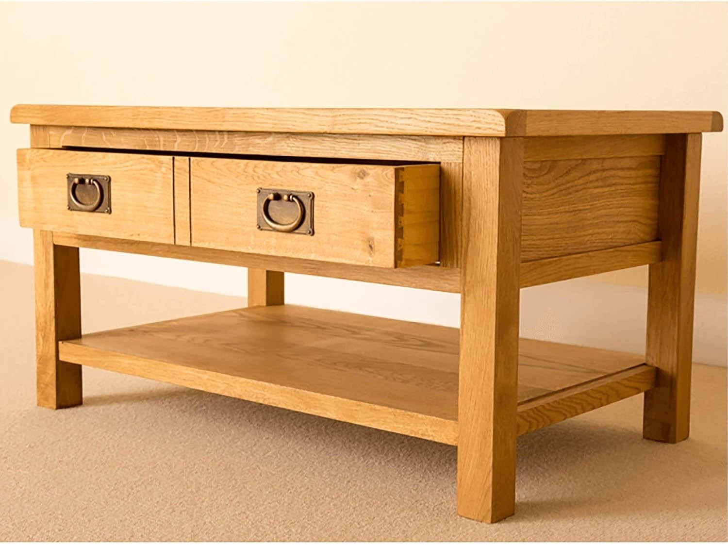 Rustic Oak Coffee Table with Storage Drawer & Shelf – Sturdy Solid Wood 90x55x47