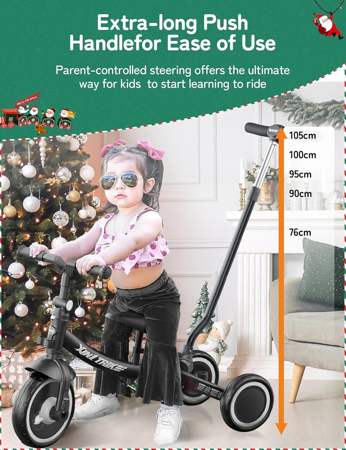 5 In 1 Toddler Tricycle Push Handle Foldable Balance Bike Black 1-5Y