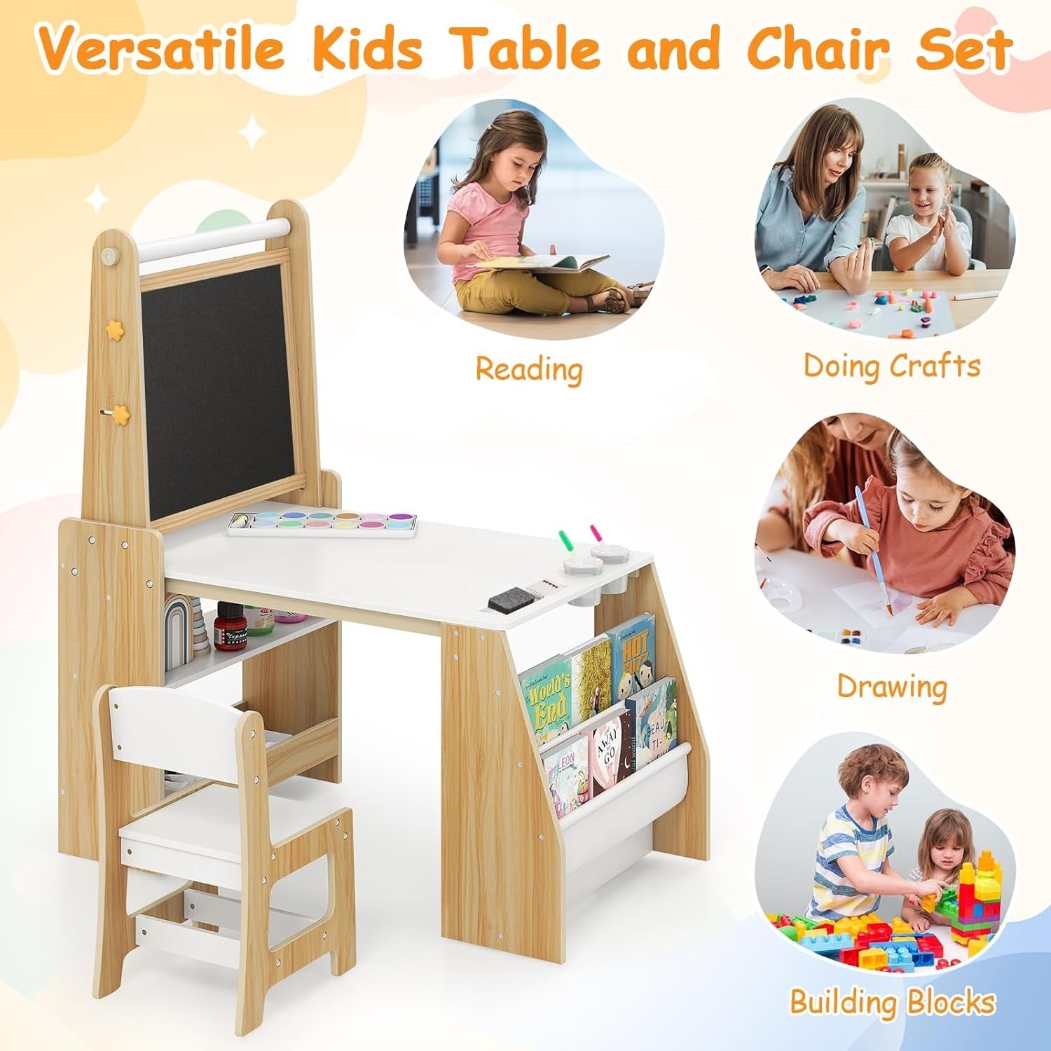 Kids Art Table & Chair Set with Double-Sided Easel, Paper Roll & Storage Shelves