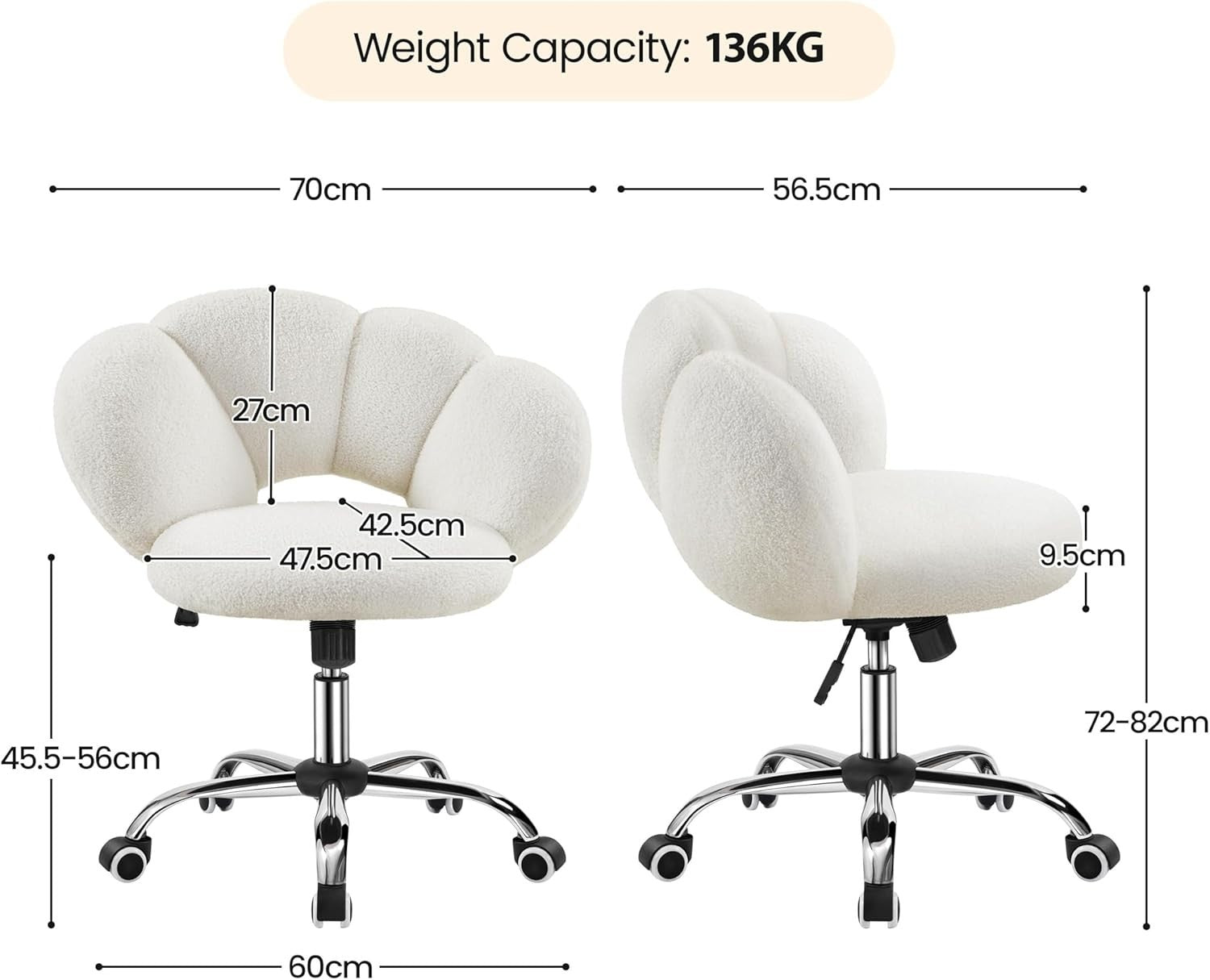 White Boucle Cloud Vanity Chair Swivel Adjustable Desk Chair with Wheels