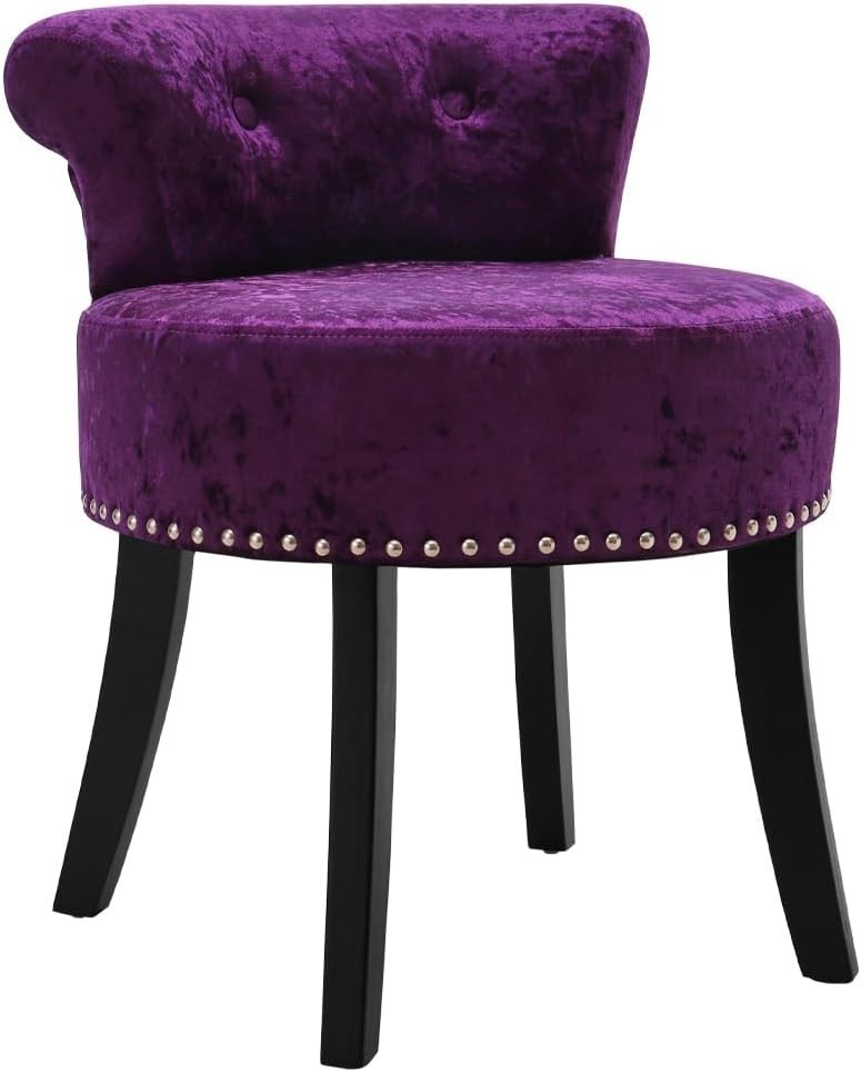 Purple Velvet High-Back Vanity Stool with Solid Wood Legs – Dressing Table Chair