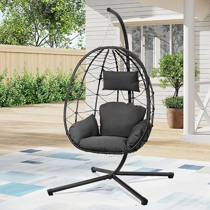 Rattan Hanging Egg Chair with Stand Swing Seat Cushion Indoor Outdoor Patio