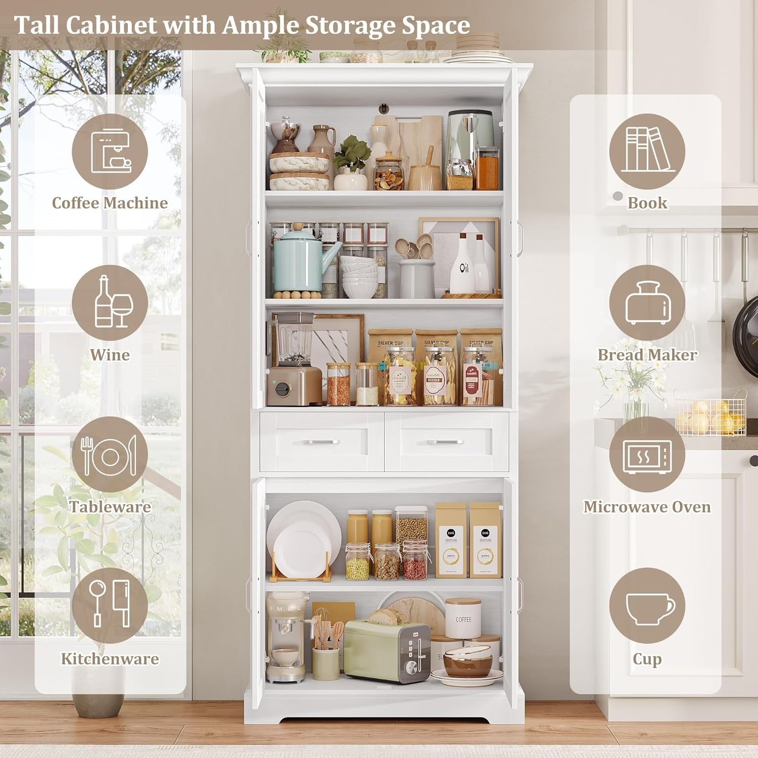 180.5cm Tall Kitchen Cupboard White 4 Doors 2 Drawers Adjustable Shelves