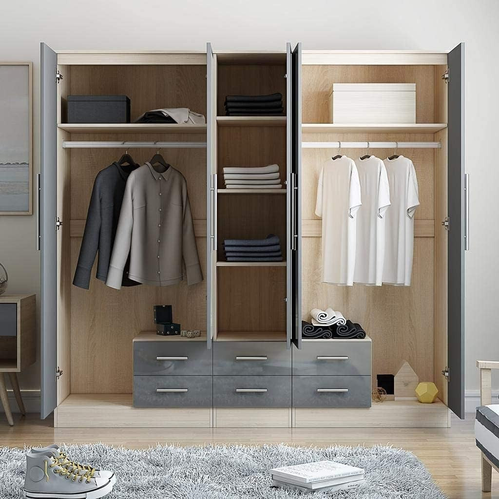 Grey High Gloss 5 Door Wardrobe with Drawers & Full Length Mirrors