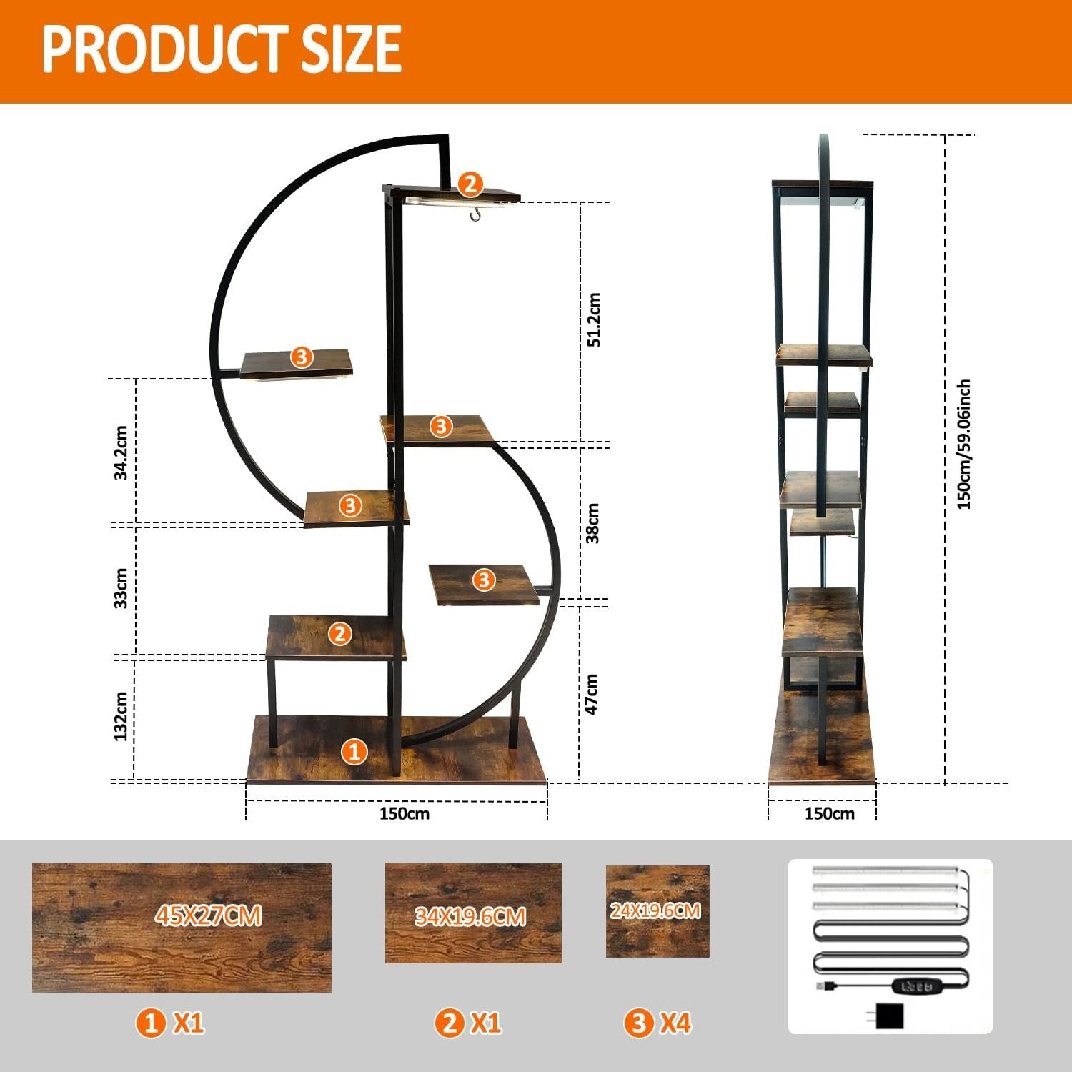 7 Tier Metal Plant Stand S Shape Tall Indoor Outdoor Flower Shelf with Lights