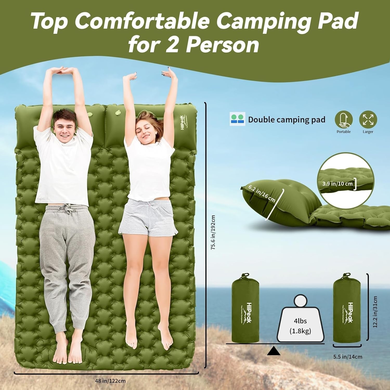 Double Inflatable Camping Mattress 203x68x10cm Ultralight with Pillow