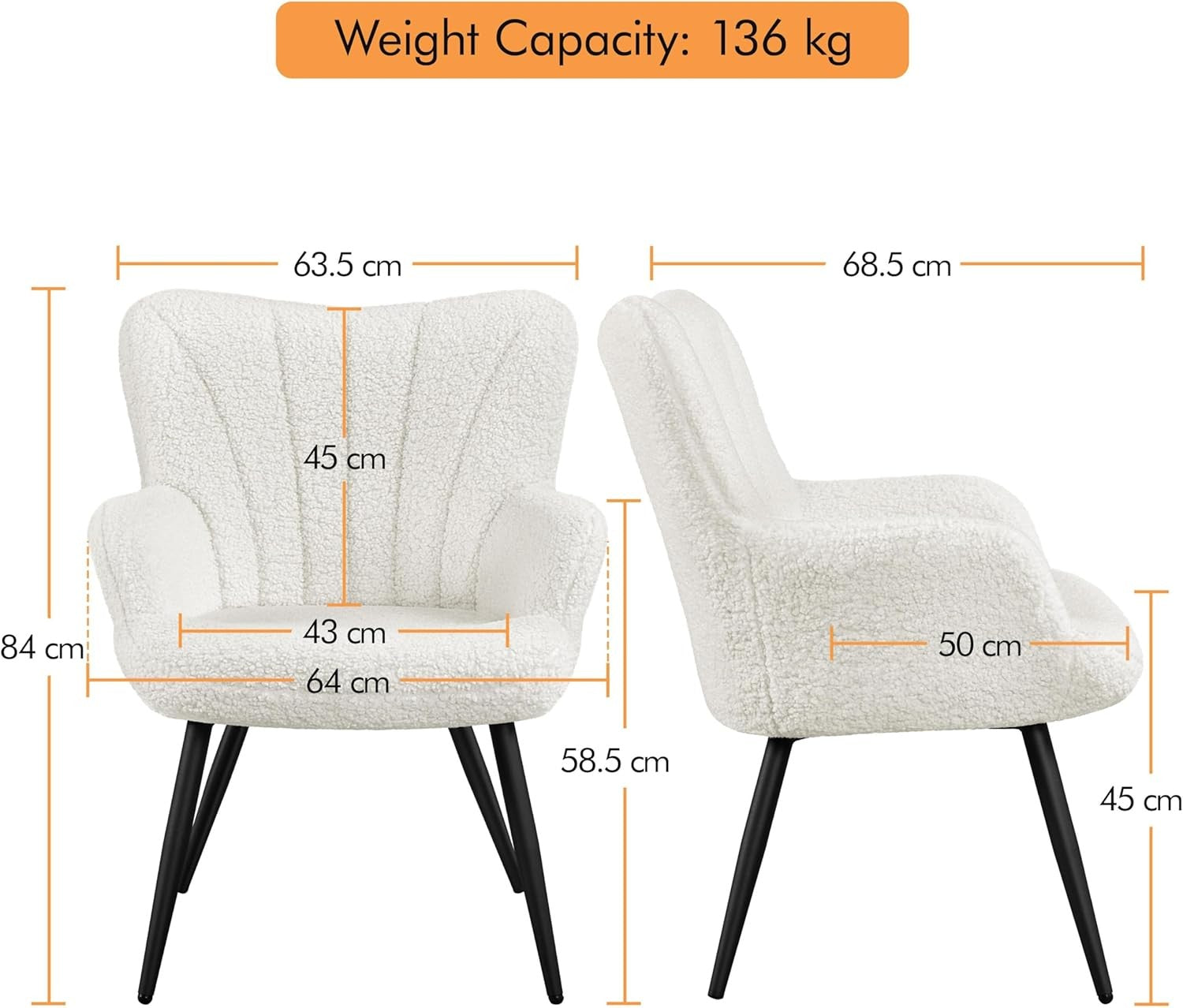 Ivory Boucle Tub Chair Curved High Back Vanity Accent Armchair