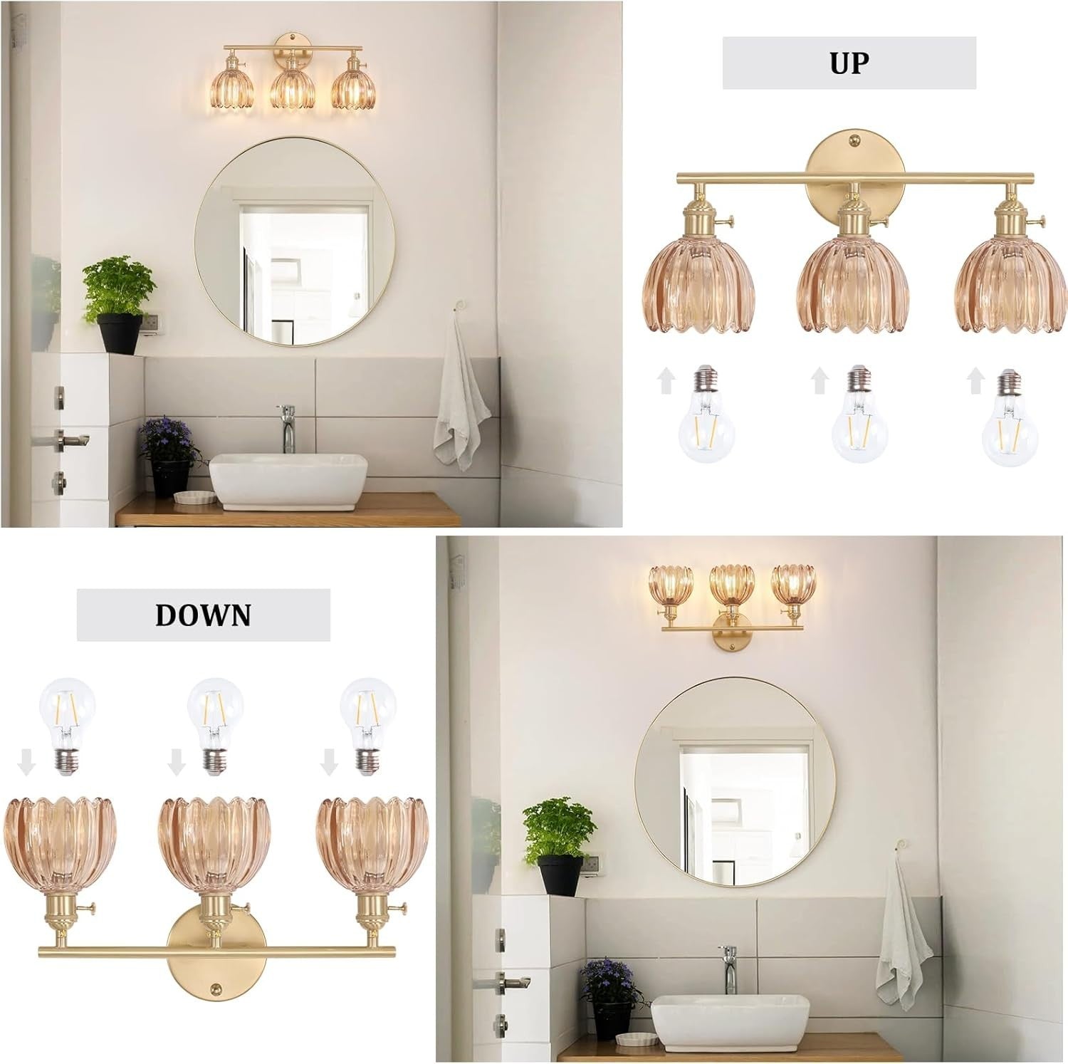 3-Light Amber Glass Wall Sconce Vanity Light Brass Fixture for Bathroom