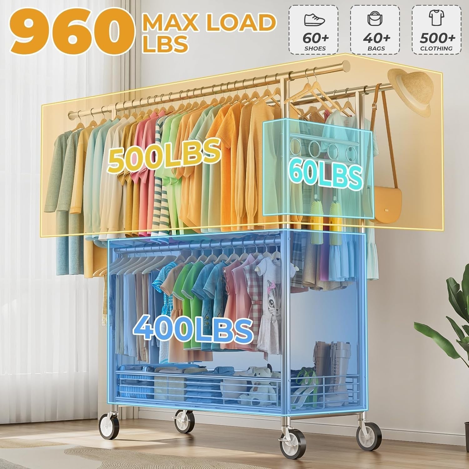 Heavy Duty Extendable Clothes Rail with Wheels, Storage Basket & 3 Hanging Rods