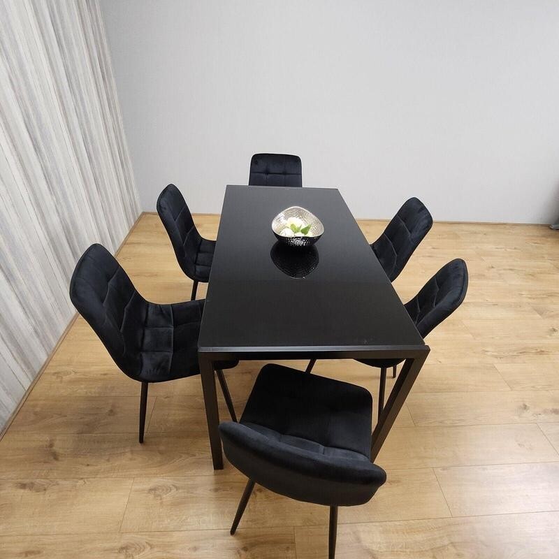 Glass Dining Table Set with 6 Velvet Chairs | Modern Black Kitchen Set