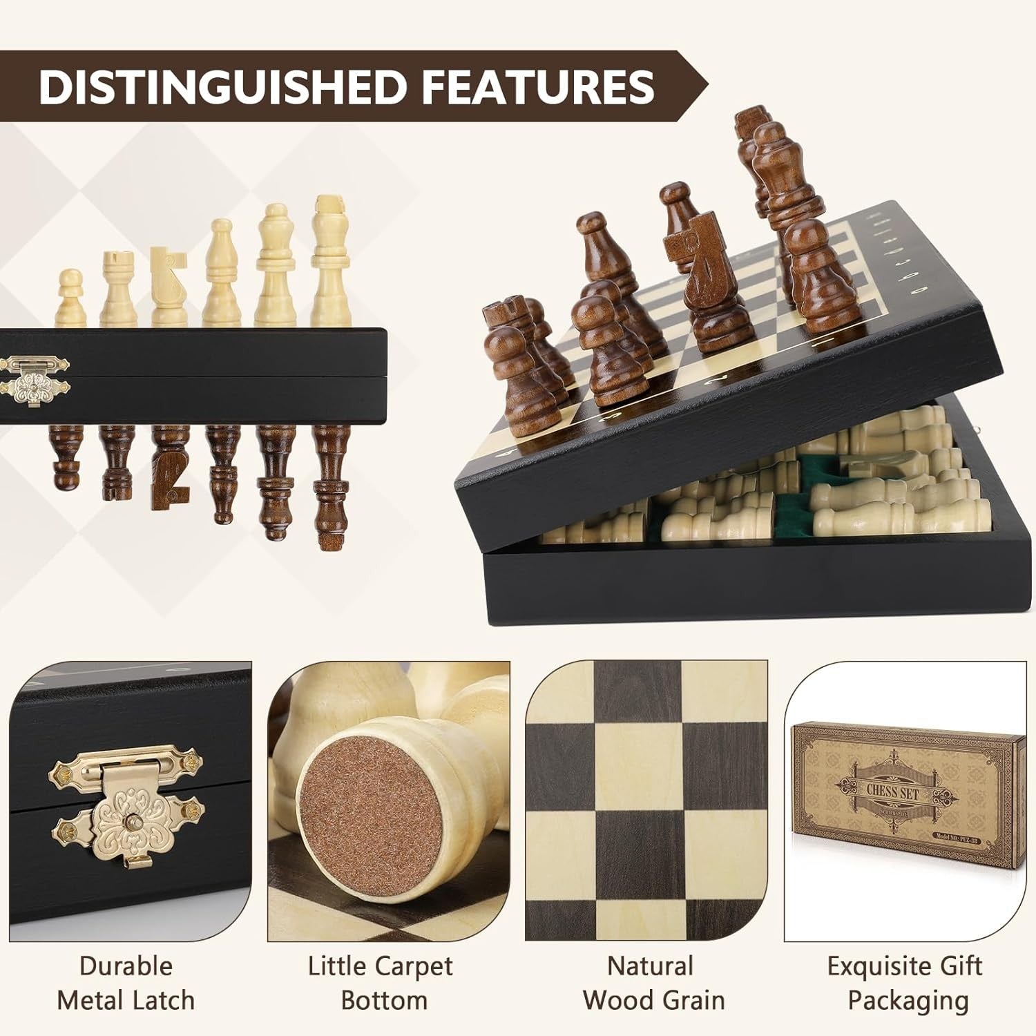 Wooden Magnetic Chess Set 30cm Folding Board w/ Storage & Extra Queens Dark