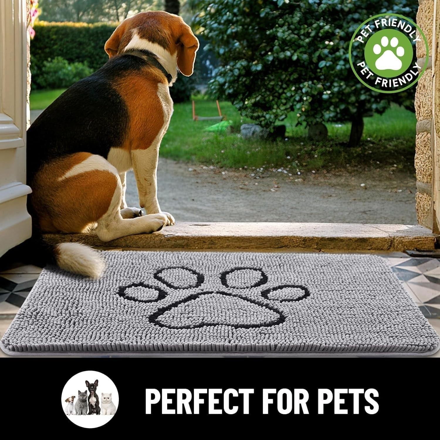 Dog Door Mat Super Absorbent Non Slip Chenille Grey Entrance Rug 76x121cm