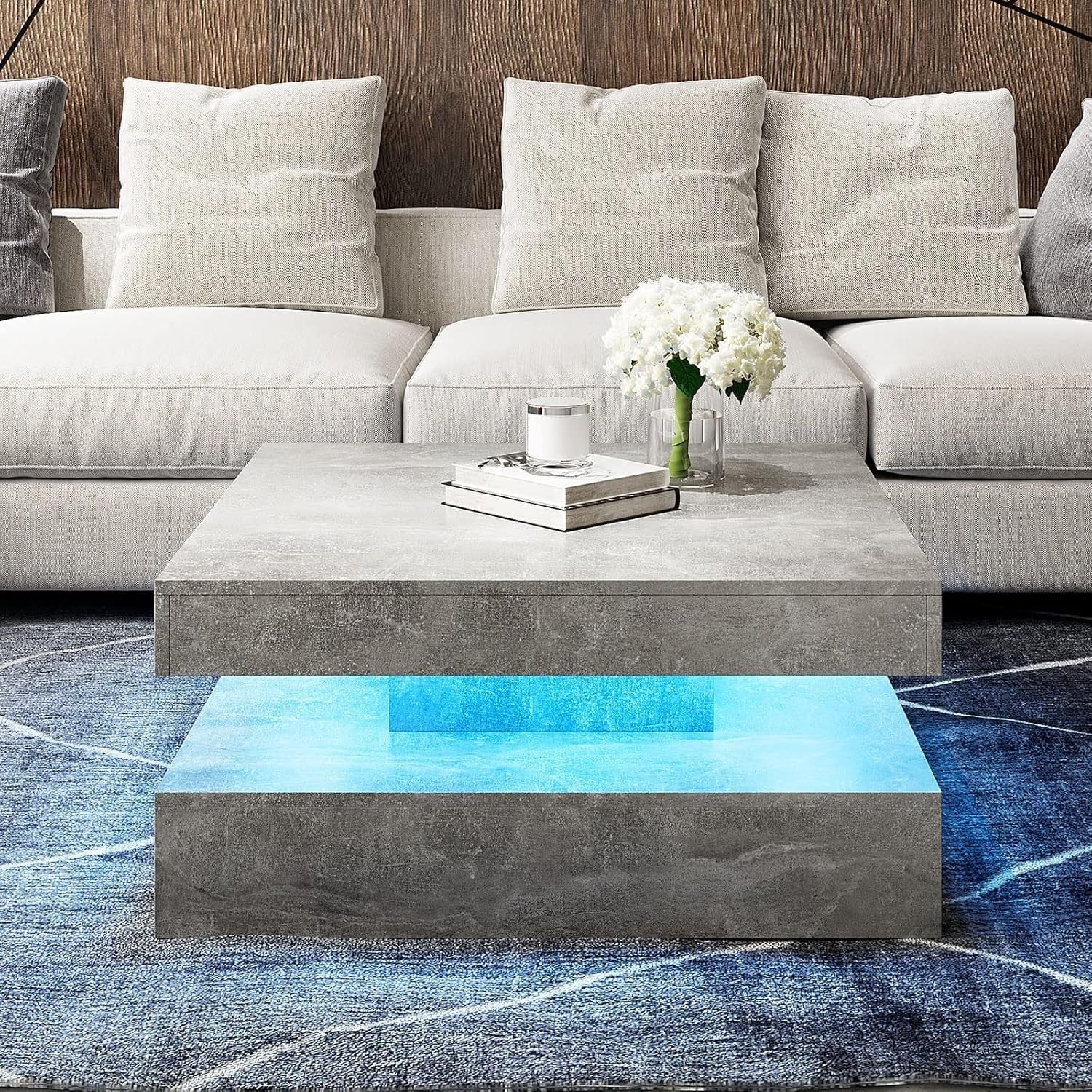 Grey Square LED Coffee Table with Storage, 2-Tier High Gloss 78x78cm