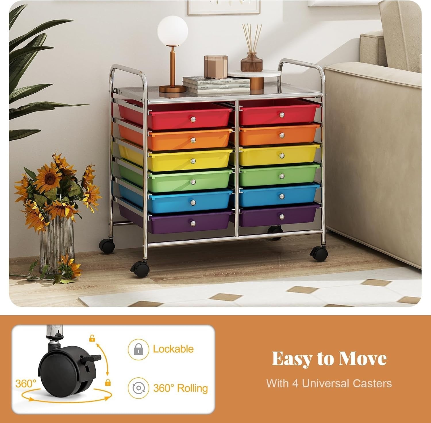 12 Drawer Rolling Storage Cart Multi Color Utility Trolley Organizer