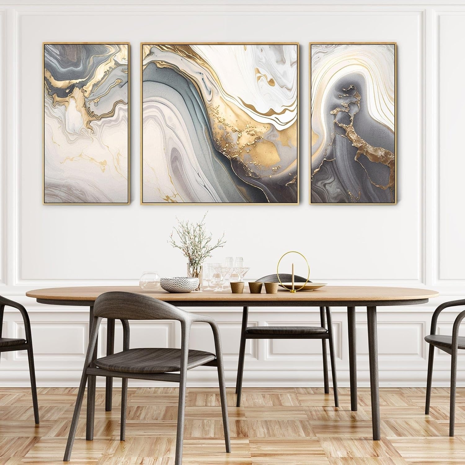 3Pcs Large Grey & Gold Abstract Wall Art – Modern Framed Canvas 212cm