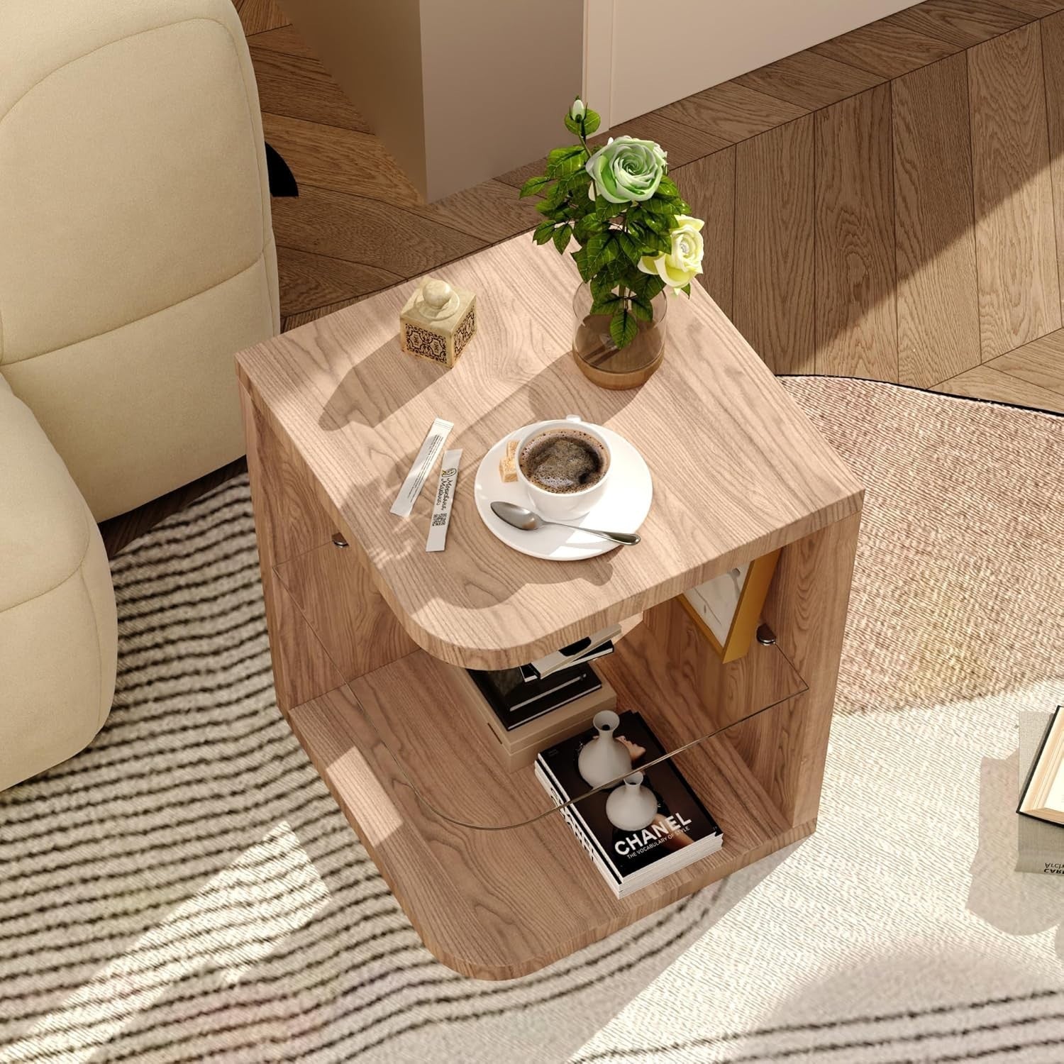 Wood & Glass Coffee Side Table with Storage – Modern End Table 40x40x55cm