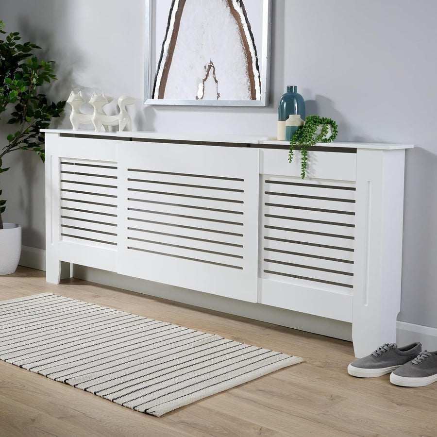 Adjustable White Radiator Cover Wooden Slatted Grill Cabinet 203x22x82cm