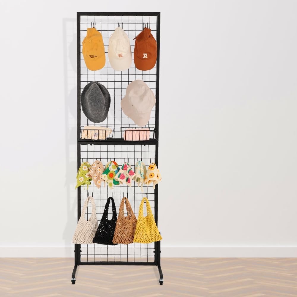 Freestanding Grid Wall Display Rack with Wheels – Black Wire Grid Panel Stand fo