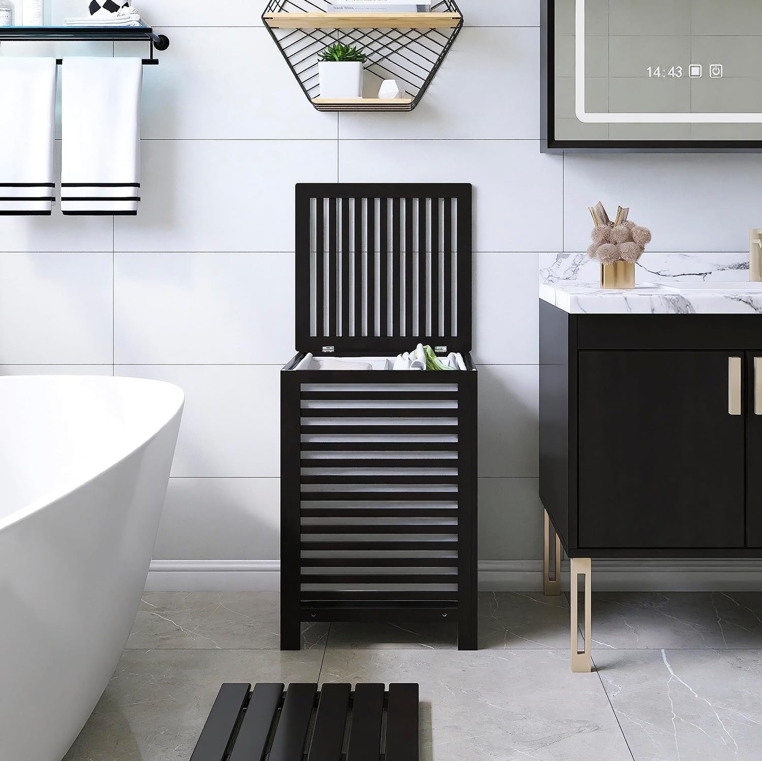Black Bamboo Double Laundry Hamper with Lid 120L 2 Section Basket 47x47x65cm