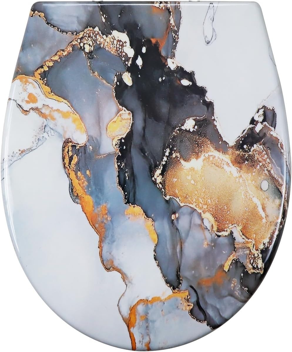 Marble Effect Toilet Seat Soft Close Duroplast Quick Release Top Fix 45x37cm