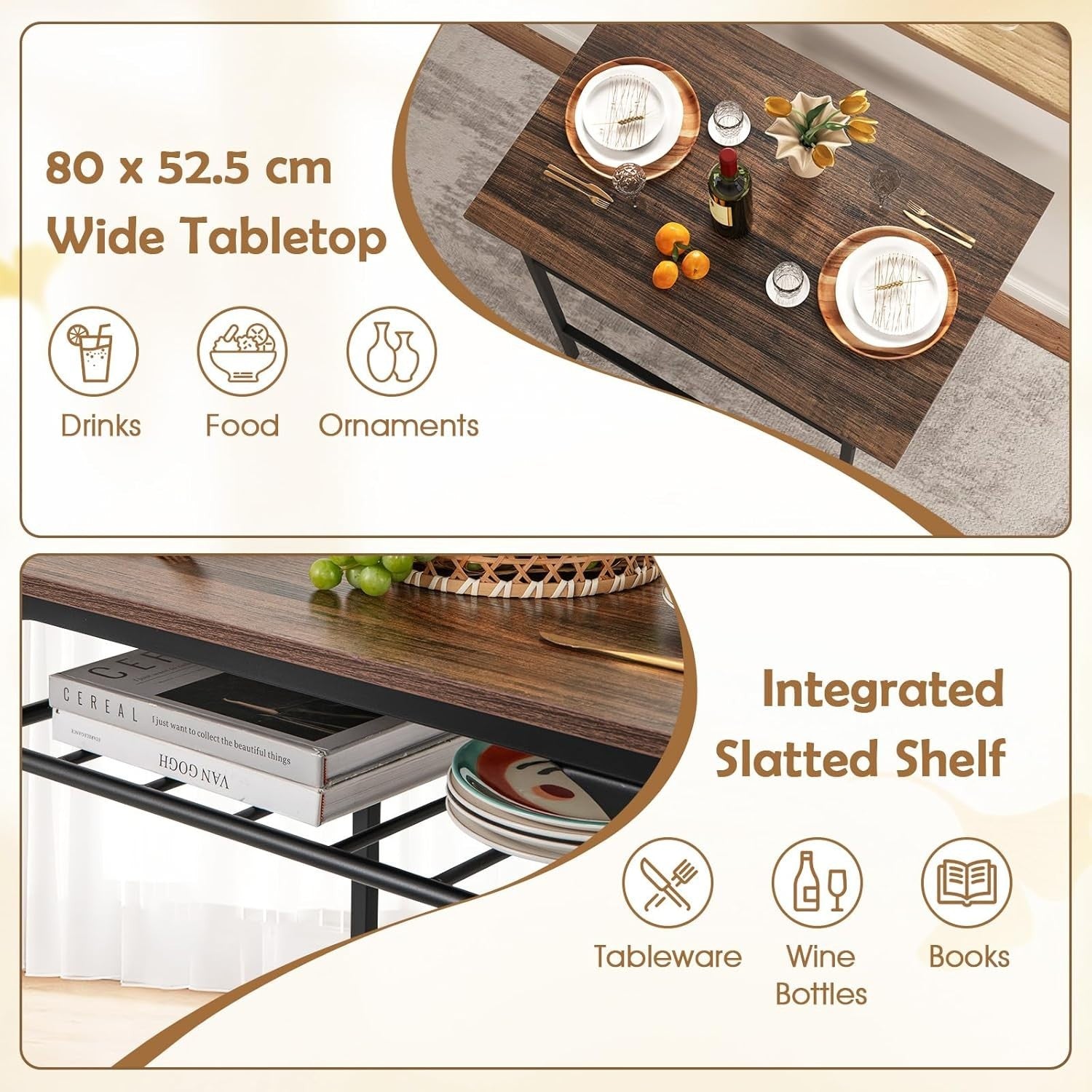 Dining Table Set Storage Rack & 2 Stools, Rustic Brown Space Saving Kitchen Set