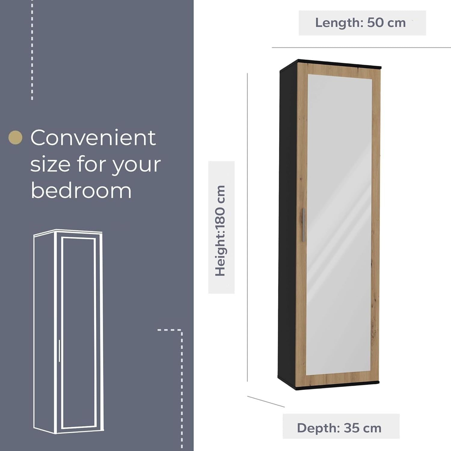 Modern Single Wardrobe with Drawers & Coat Rack, Spacious 180x50x35cm