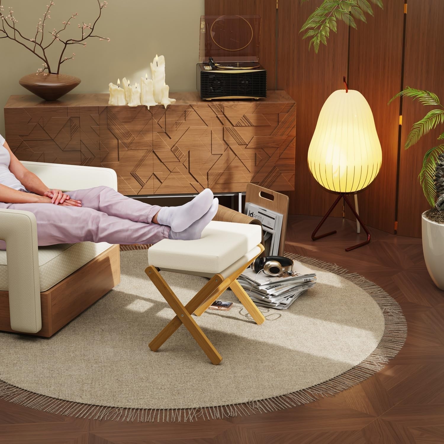 Natural Bamboo Foldable Footstool Ottoman with Beige Chenille Cushion