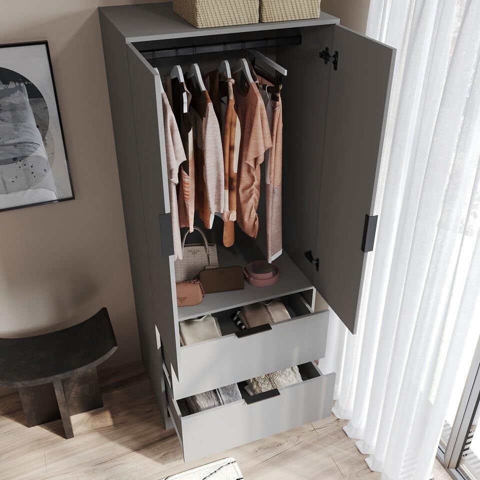 Grey Wardrobe 2 Door 2 Drawer Hanging Rail Shelf Bedroom Storage Unit