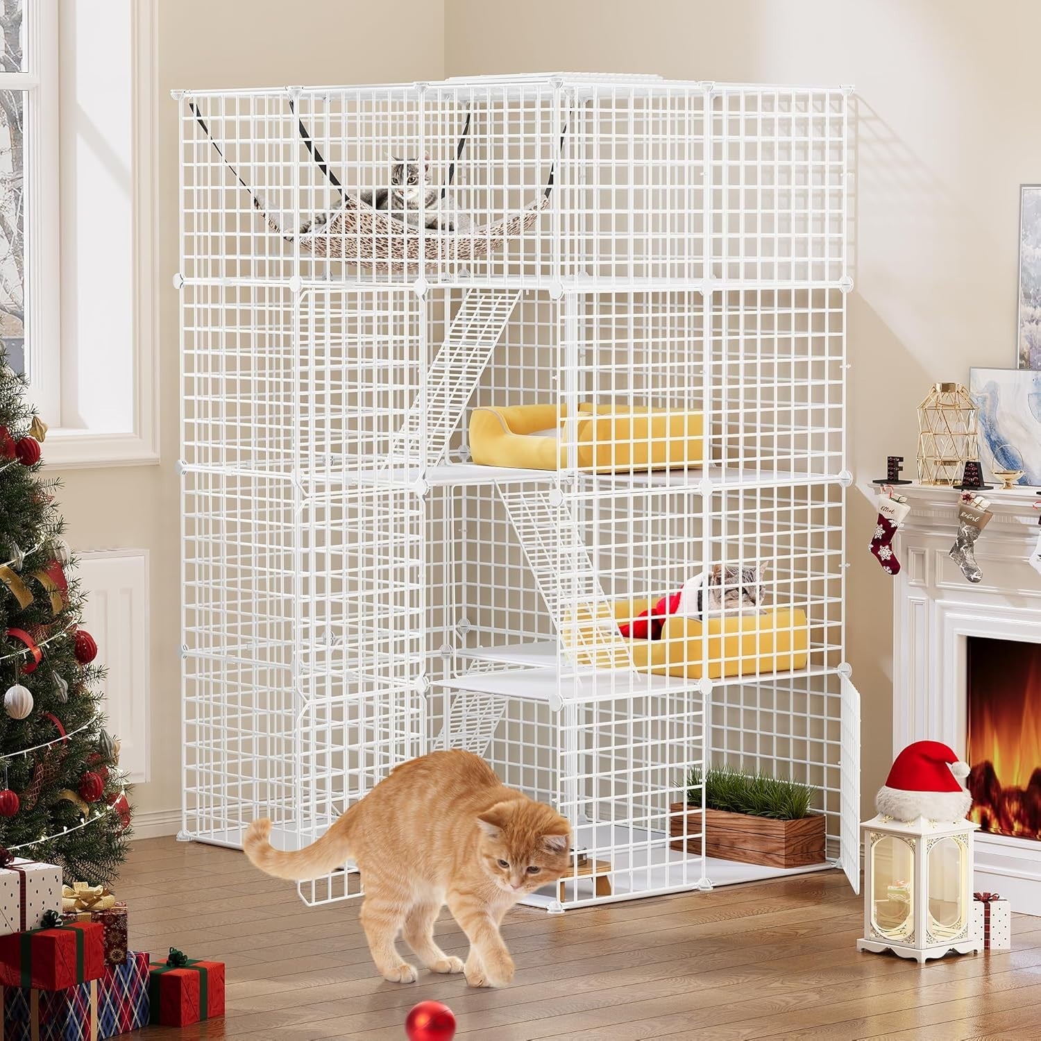 4-Tier Large Indoor Cat Cage Playpen with Hammock, 4 Doors & Ladders, 107x72x142