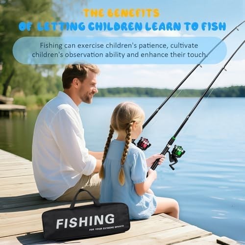 Kids Fishing Rod Set of 2 Telescopic Spinning Combo with Reel Lures Bag 1.8M