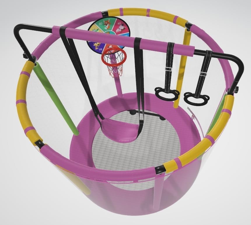 Kids Trampoline with Basketball Hoop Rings Pull-Up Bar Indoor Outdoor