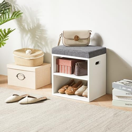2-Tier Shoe Storage Bench with Padded Seat & Adjustable Shelves, White