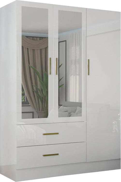 116cm High Gloss Mirrored Wardrobe with Shelves, Drawers & Hanging Rail