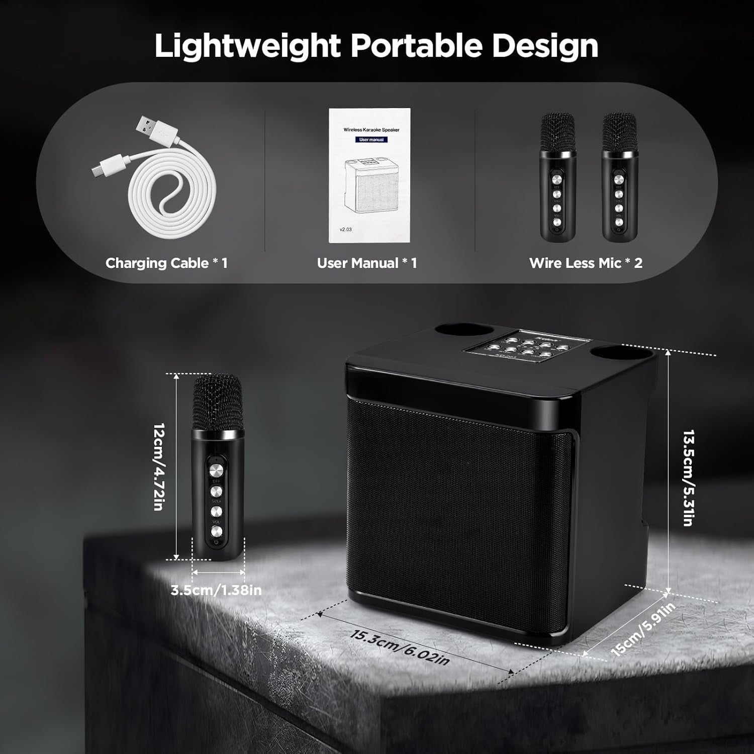 Portable Karaoke Machine with 2 Wireless Mics, Bluetooth PA System