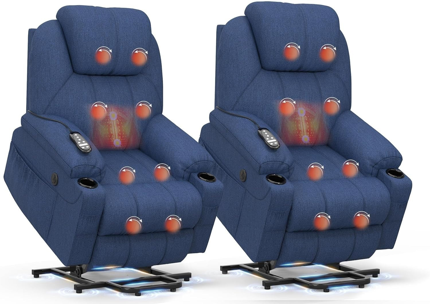 Set of 2 Lift Recliner Chairs Massage Heat USB Type-C Cup Holders Large Blue