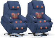 Set of 2 Lift Recliner Chairs Massage Heat USB Type-C Cup Holders Large Blue