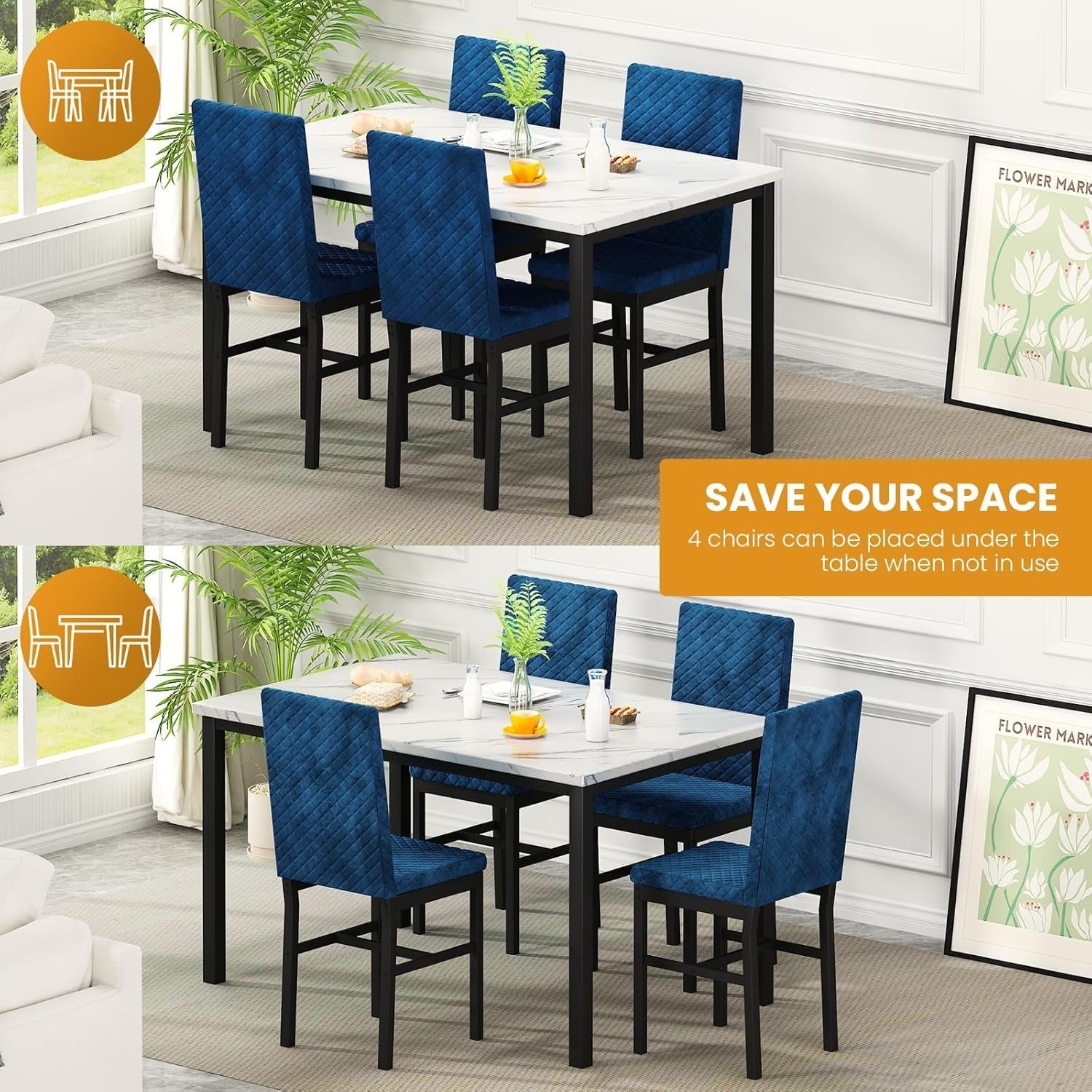 5-Piece Dining Table Set with Faux Marble Top & 4 Velvet Chairs, White & Blue