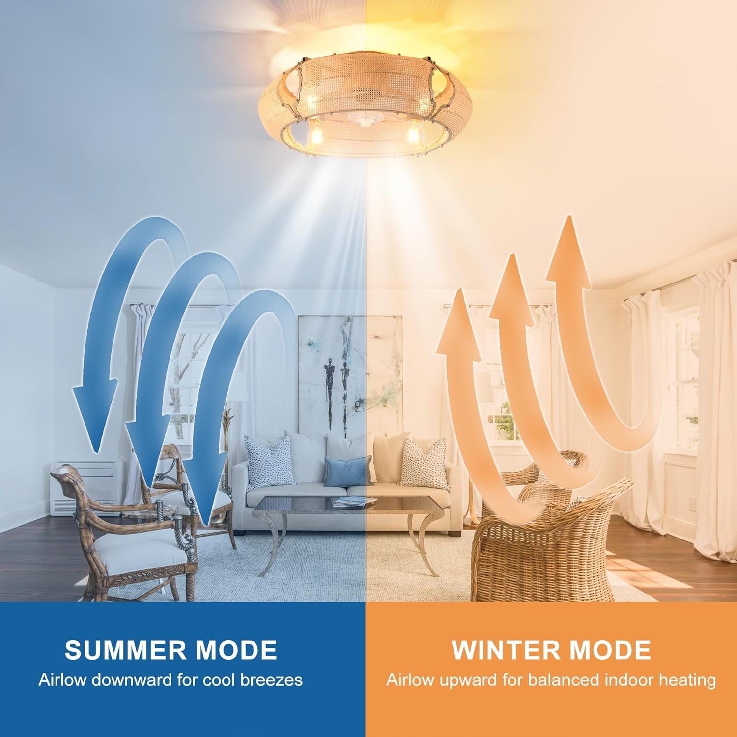Boho Rattan Ceiling Fan Light 53CM, 6-Speed, APP, Remote, E27