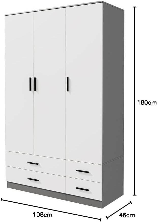 3 Door Wardrobe Grey White 4 Drawer Bedroom Storage Cupboard Hanging Rail