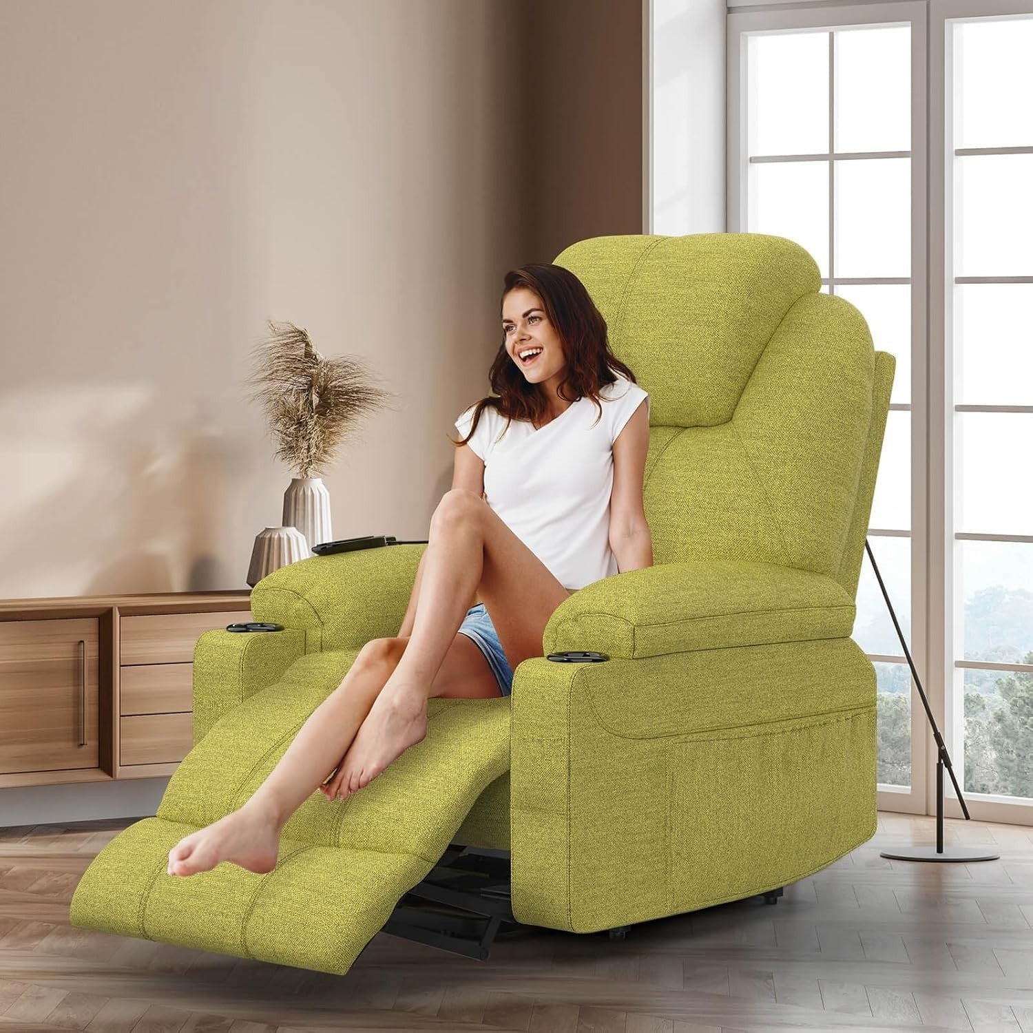 Power Lift Recliner Chair Massage Heat USB Type-C Cup Holders Green Faux Leather