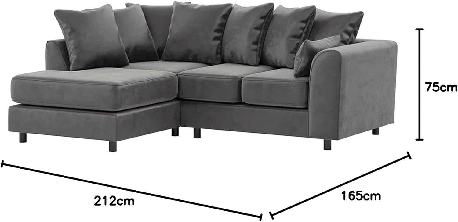 Grey Velvet L-Shaped 4-Seater Corner Sofa Full Foam Cushions LH