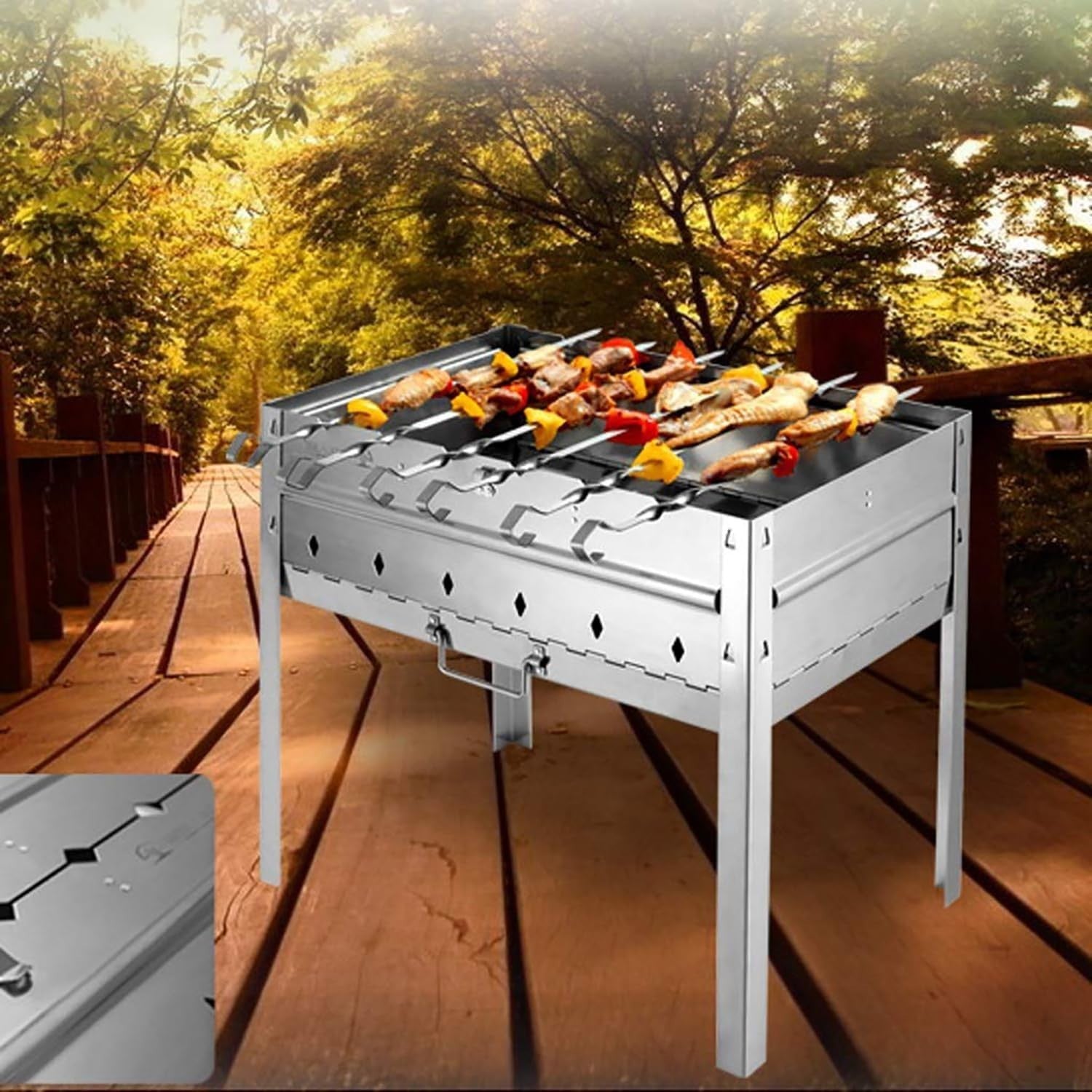Portable Folding Stainless Steel BBQ Grill with Skewers & Carry Bag