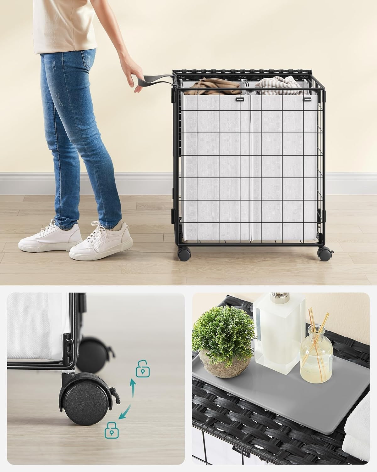Rolling Laundry Basket with Lid & Wheels 46x33x65cm Removable Bag Trolley
