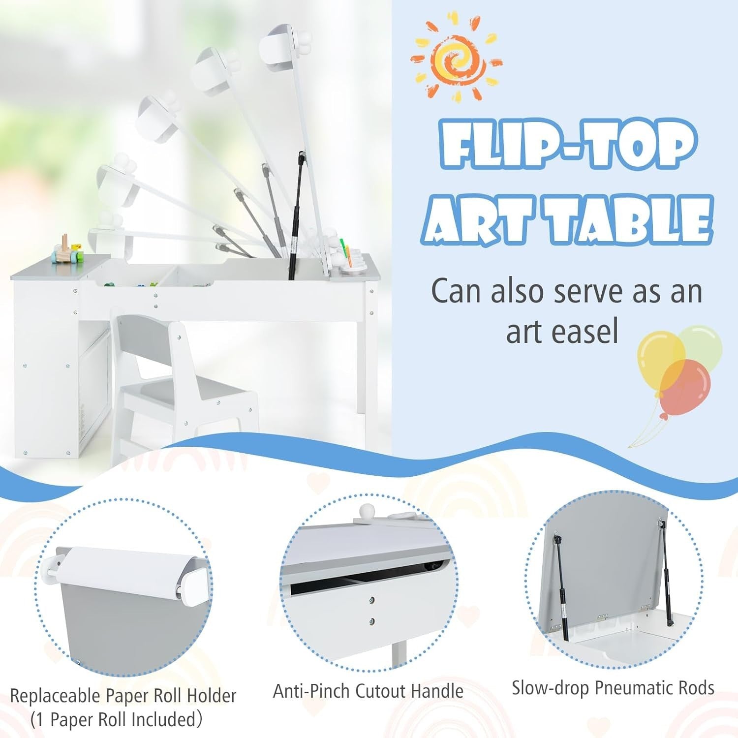 Kids Art Table and Chairs Set with Storage Boxes Drawing Desk Grey 5 Cups