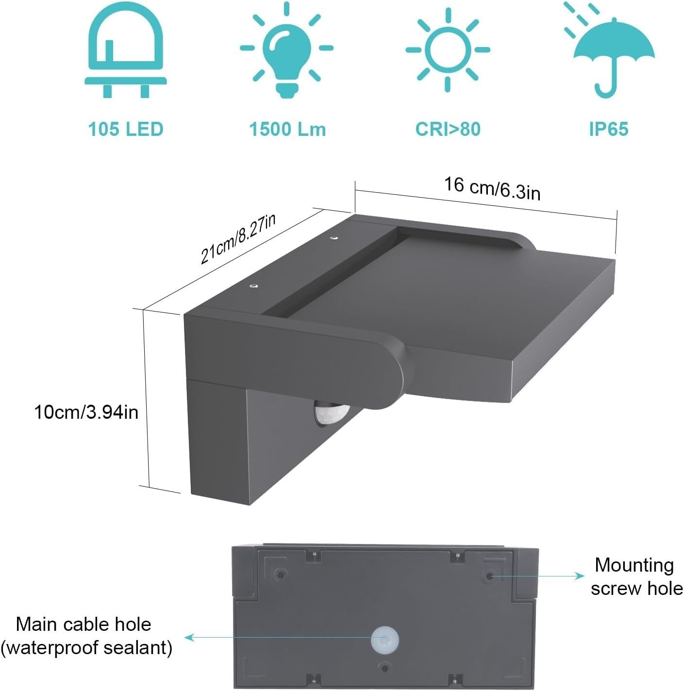 24W Outdoor Waterproof LED Wall Light with Motion Sensor & Swivel Panel Warm