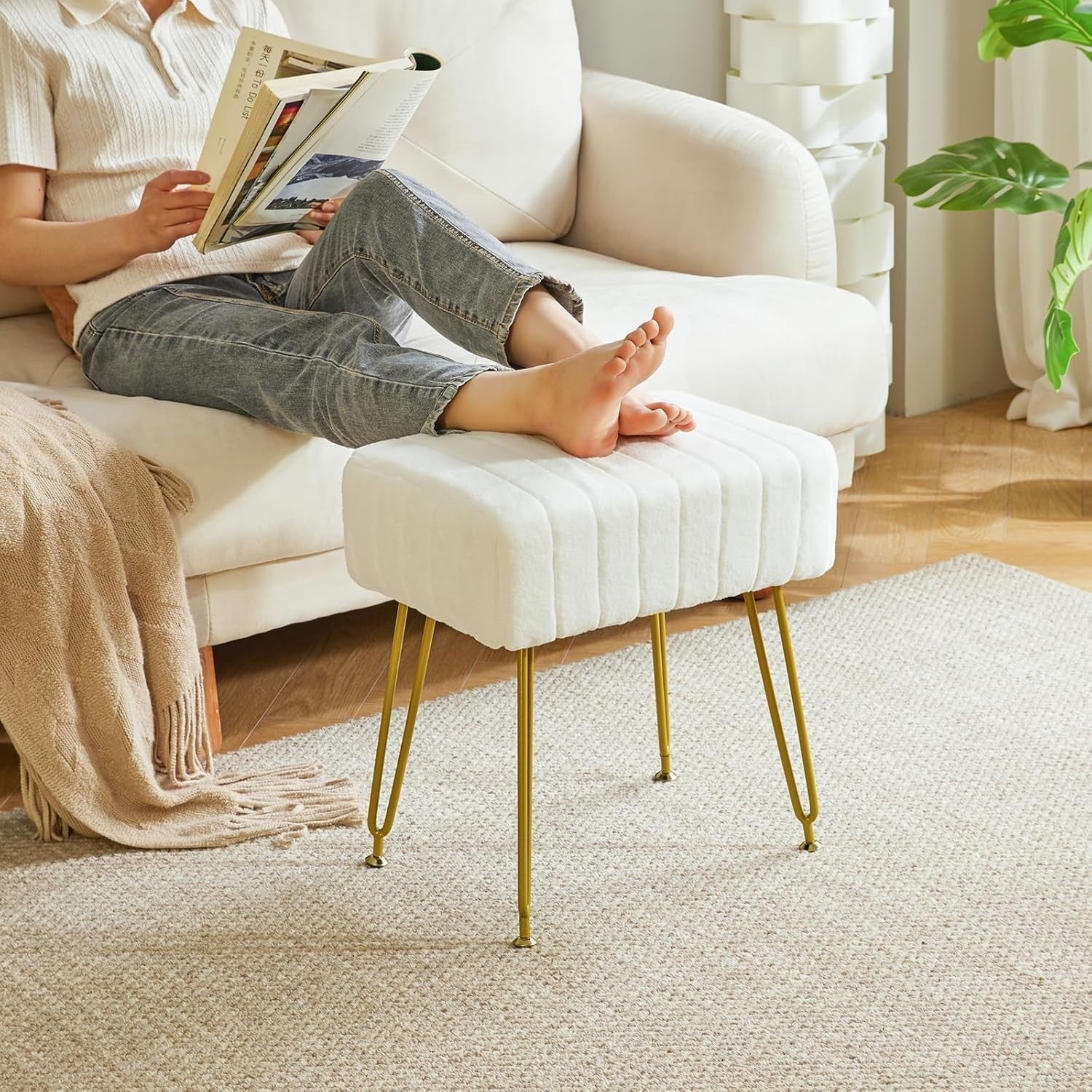 White Velvet Rectangular Footrest Ottoman – Vanity Stool with Gold Legs