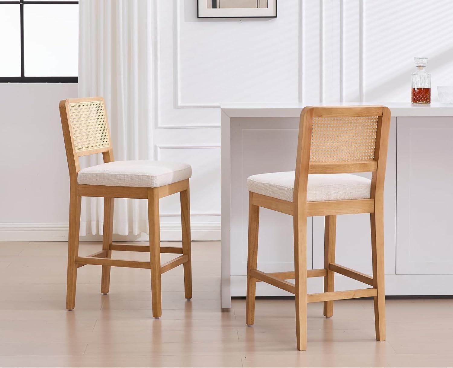 White Chenille Bar Stool Set of 2 with Rattan Back Wooden Legs