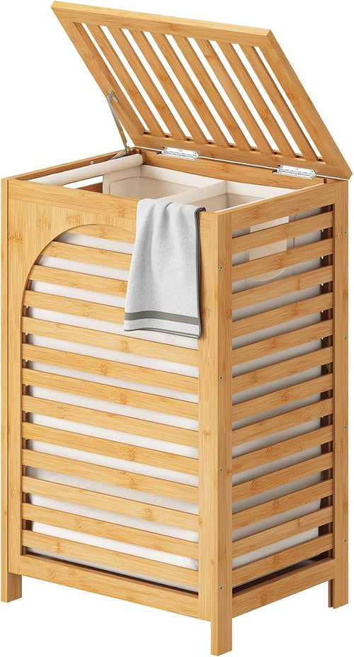 85L Bamboo Laundry Hamper with Lid Large Clothes Basket Removable Liner Natural
