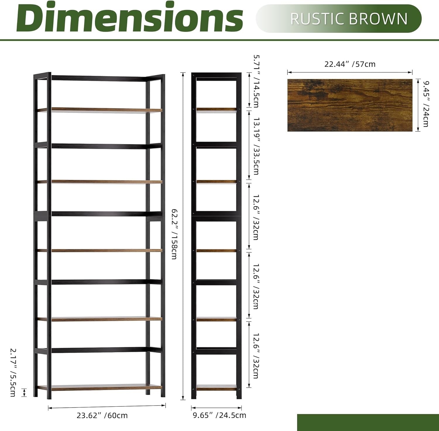5-Tier Rustic Industrial Bookshelf, Tall Bamboo Frame Display Storage Unit