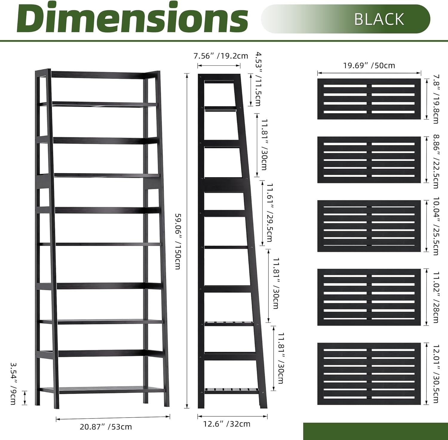Black 5-Tier Bamboo Ladder Bookcase, Heavy Duty Tall Display Storage Shelf